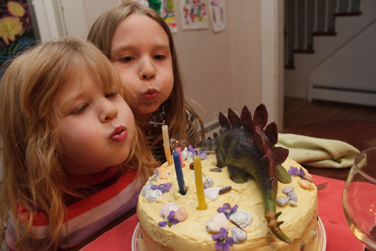 Bea and Charlotte blow out the stegasaurus cake